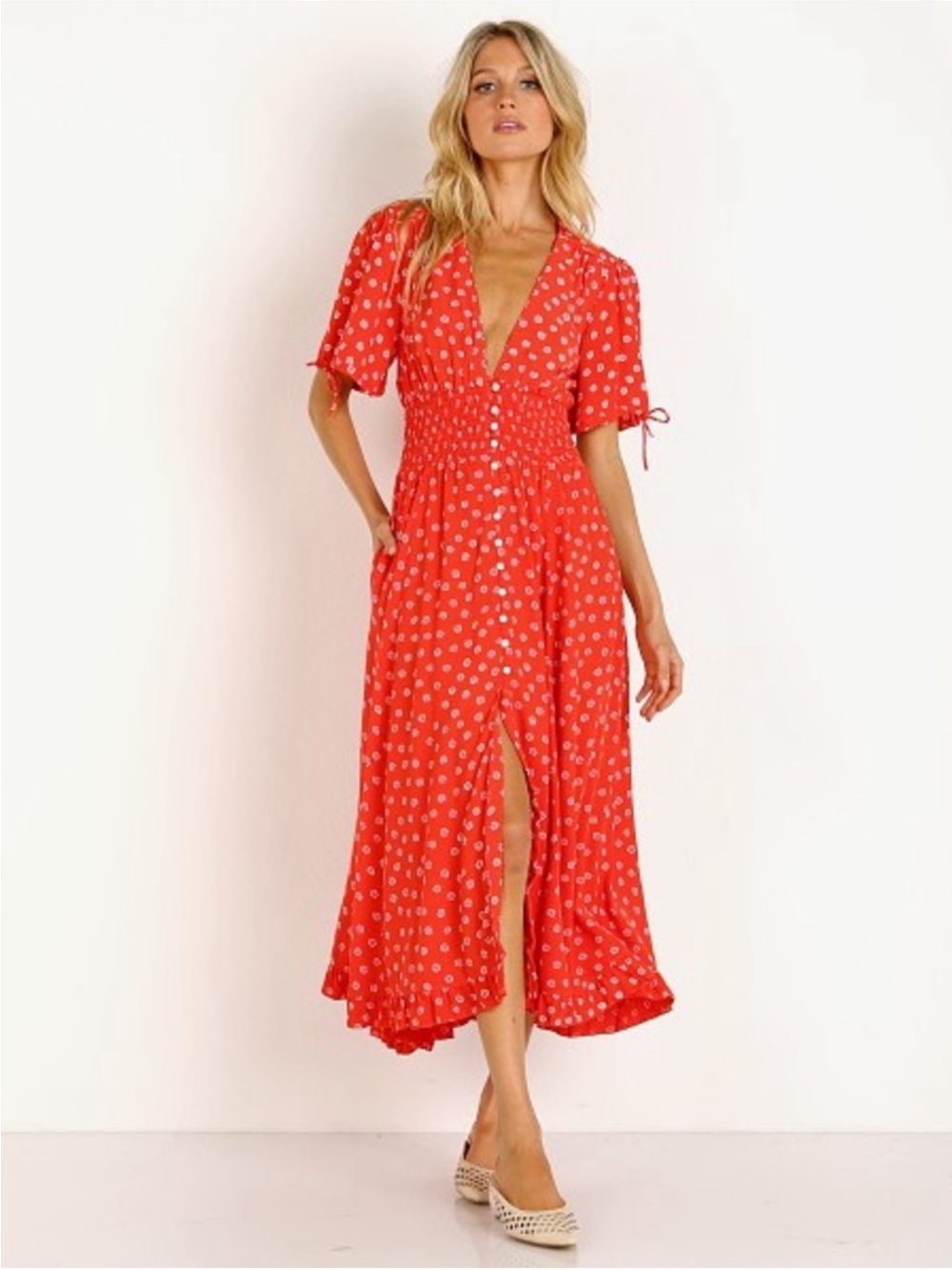 Cleobella orange flower  Midi Dress with Button Front
